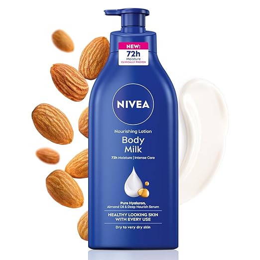 NIVEA Nourishing Body Milk 600ml Body Lotion with Hyaluronic Acid | 72Hr Hydration | Deep Moisture Care for Very Dry Skin | Enriched with Almond Oil | Smooth, Radiant & Healthy Looking Skin Care