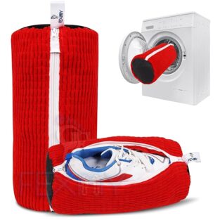 Shoe Washing Bag – Invisible Zipper, Side Opening Laundry for Washer & Dryer – Reusable Sneaker Cleaning – Fits All Shoe Sizes (Red)