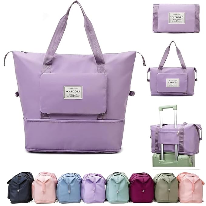 Wazdorf Nylon 41 Liter Expandable Travel Bags for Women, Duffle Bags for Women Luggage, Foldable Vanity Traveling Bag, Waterproof Hand Bag for Ladies Personal Items,Purple