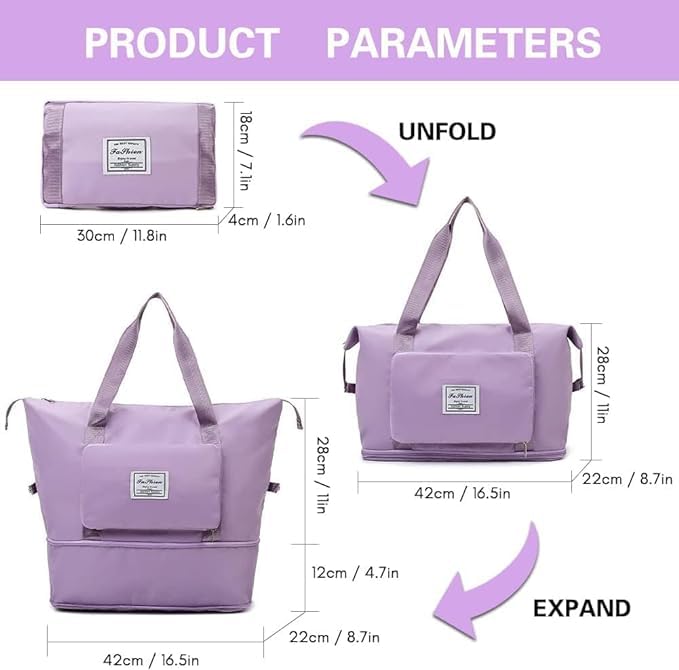 Wazdorf Nylon 41 Liter Expandable Travel Bags for Women, Duffle Bags for Women Luggage, Foldable Vanity Traveling Bag, Waterproof Hand Bag for Ladies Personal Items,Purple - Image 2