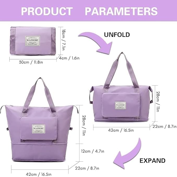 Wazdorf Nylon 41 Liter Expandable Travel Bags for Women, Duffle Bags for Women Luggage, Foldable Vanity Traveling Bag, Waterproof Hand Bag for Ladies Personal Items,Purple - Image 3
